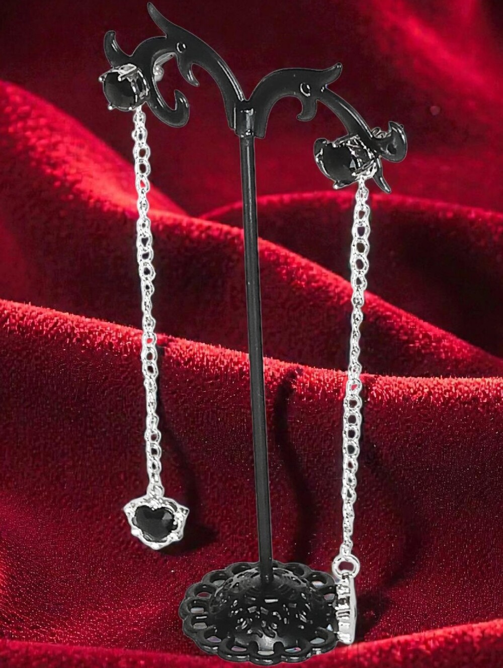 White Gold Stud Earrings Linear Drop Black Hearts New Age Grunge Glam Luxe Bling - Picture 3 of 10